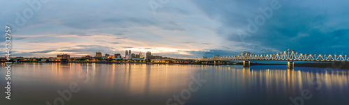 Panorama of Peoria Illinois Downtown Riverfront and Bridges at Sunset