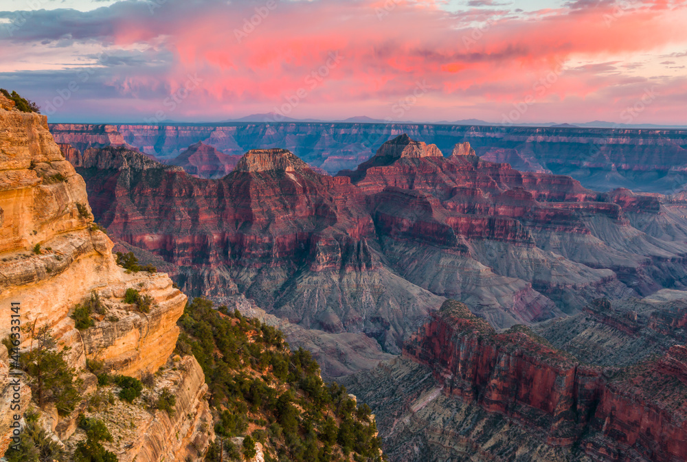 Sunset on Thunderstorm Clouds Moving  Across Roaring Springs Canyon, Bright Angel Point Trail, North Rim, Grand Canyon National Park, Arizona, USA