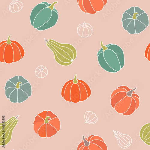 Seamless pattern with pumpkins, leaves. Colorful illustration, vector of vegetarian food. Autumn background with vegetables. Decorative wallpaper suitable for printing, textiles.