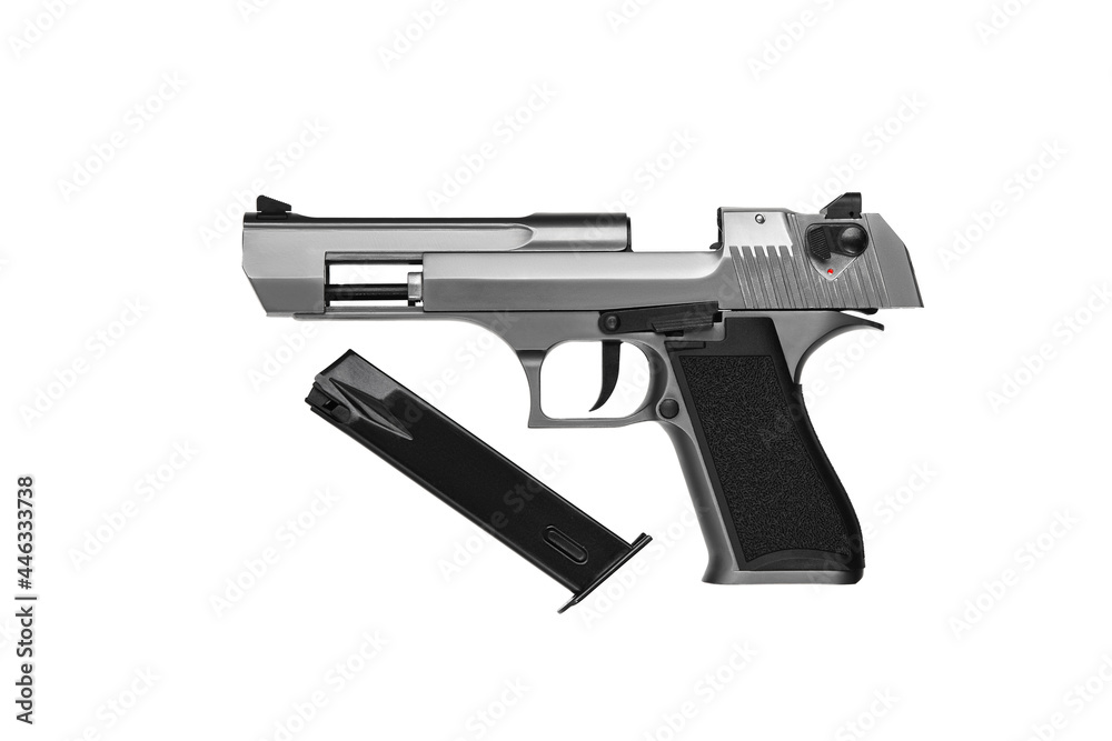 Modern semi-automatic pistol. A short-barreled weapon for self-defense. Arming the police, special units and the army. Isolate on a white back