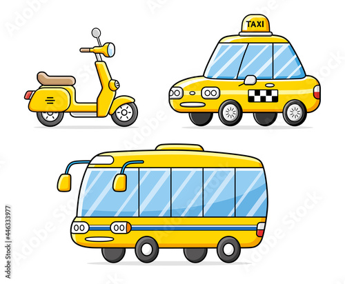 Motor scooter, taxi cab and yellow bus isolated. City road transport set.