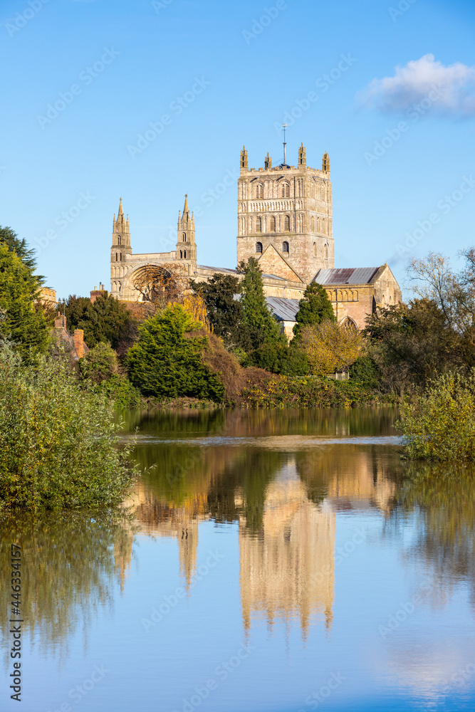 Tewkesbury Abbey reflected in floodwater on 18/11/2019. Tewkesbury, Severn Vale, Gloucestershire UK