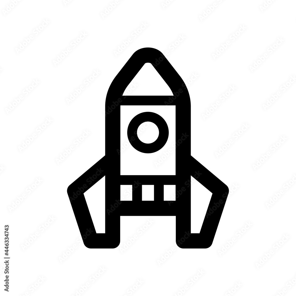 Rocket icon. Spaceship. Black contour linear silhouette. Vertical side view. Vector simple flat graphic illustration. The isolated object on a white background. Isolate. Rocket icon. Spaceship. Black contour linear silhouette. Vertical side view. Vector simple flat graphic illustration. The isolated object on a white background. Isolate.