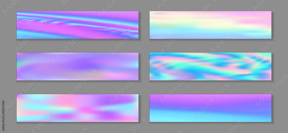 Holographic cute flyer horizontal fluid gradient princess backgrounds vector set. Foil hologram