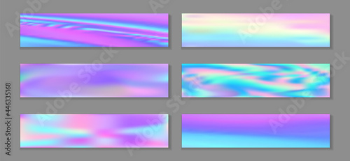 Holographic cute flyer horizontal fluid gradient princess backgrounds vector set. Foil hologram © SunwArt