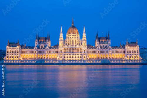 The famous parliament building in Budapest, Hungary during blue hour, illuminated