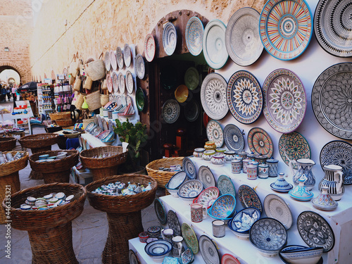 Photography Morrocco market place with traditional pottery