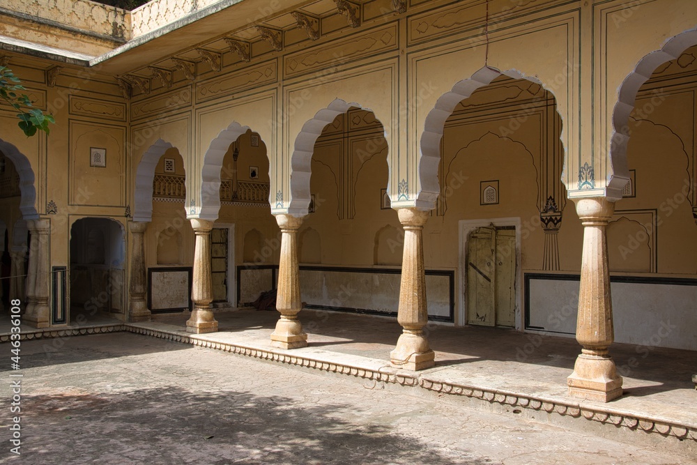 Courtyard with columns in the Galwar Bagh (Temple of the Monkeys). Jaipur, Rajasthan. India.