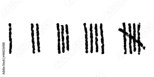 Charcoal tally marks isolated on white background. Day counting symbols on jail wall. Unary numeral system signs. Vector hand drawn illustration 