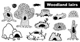 Lairs of forest animals set. Wildlife homes. Hollow in old tree trunks. Burrow in ground. Haven of fallen leaves. Black doodle den in hill. Нand-drawn hole in tree stump. Vector outline illustration. 