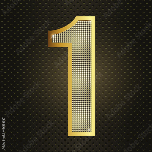 Vector golden number one. First year Anniversary celebration. Realistic shining gold number 1 isolated on black background. Editable luxury design for poster, banner, birthday, new year card. EPS10