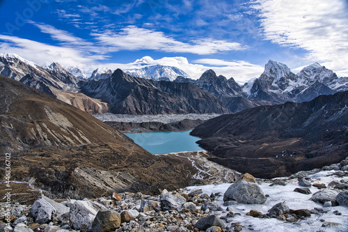 Mount Everest Trek through snow capped mountains pass  Nepal. Gokyo lake and village in winter is a breathtaking tourist destination for those seeking adventure.