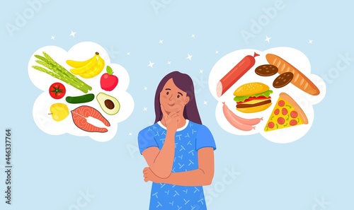 Woman choosing between healthy and unhealthy food. Fast Food and balanced menu comparison, dieting. Choice between Good and bad nutritions
