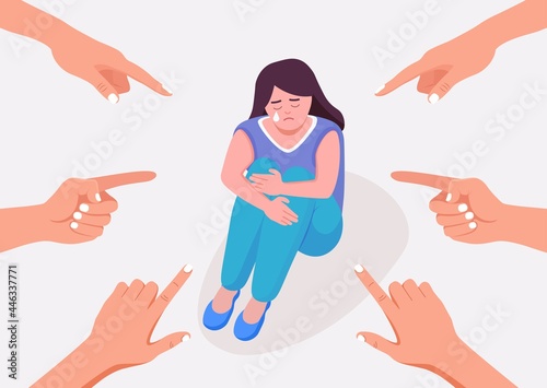 Sad or depressed young woman cries and covers her face. Girl surrounded by hands with index fingers pointing at her. Bullying, accusation, public censure and victim blaming concept. Vector design