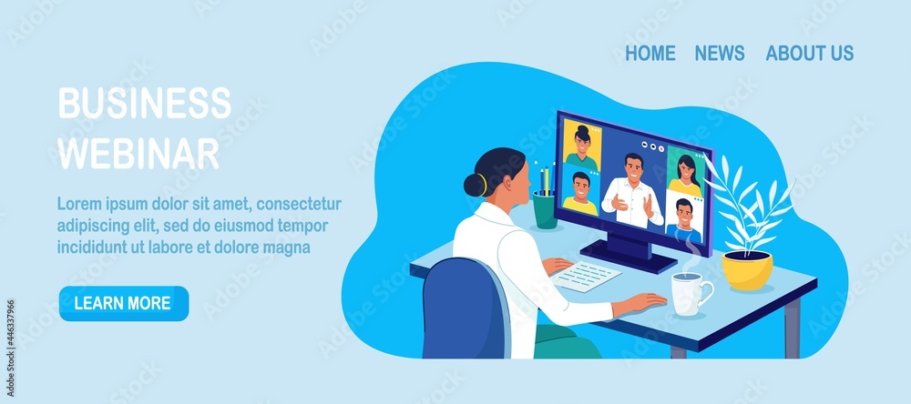 Video conference. Colleagues talk to each other on the laptop screen. Conference video call, working from home, online meeting workspace. Vector illustration