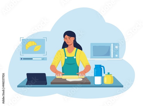 Woman cooking at home using internet video. Smiling housewife preparing dough for pastries and croissants. Beautiful lady character. Vector illustration