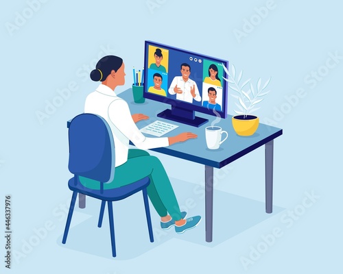 Video conference. Colleagues talk to each other on the laptop screen. Conference video call, working from home, online meeting workspace. Vector illustration