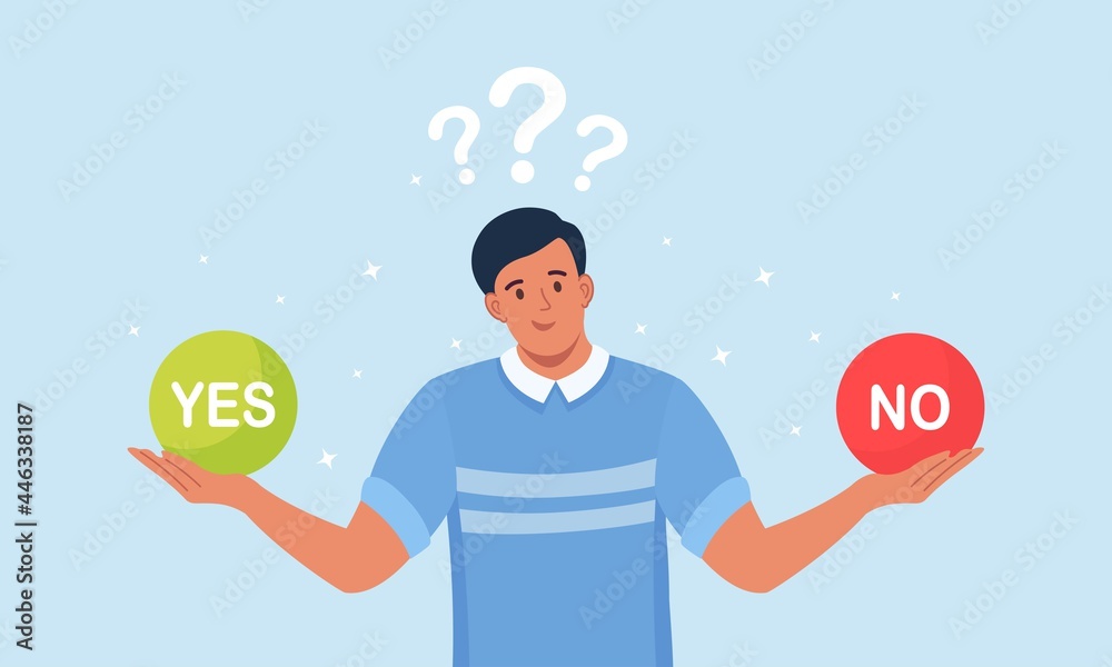 Choose between Yes or No. Man is thinking about problem, making decision. Man confused by hard choice. Search of balance. Vector illustration Choose between Yes or No. Man is thinking about problem, making decision. Man confused by hard choice. Search of balance. Vector illustration