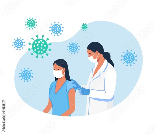 Medical doctor in protective facial mask, gloves injecting a patient, giving a coronavirus vaccine to woman. People vaccination for immunization against covid-19. Vector illustration
