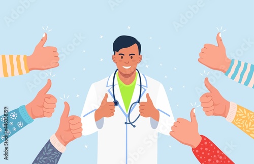 People with thumbs up hands for doctors. Thank you doctor, nurses and medical personnel team for fighting the coronavirus. Fight against covid-19 viruses. Vector illustration