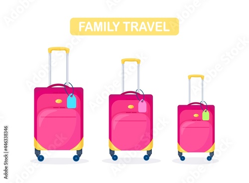 Red yellow modern suitcases. Luggage for family in vacation. Mom, dad and daughter or son with travel bag. One big baggage and two little with tag name. Vector design