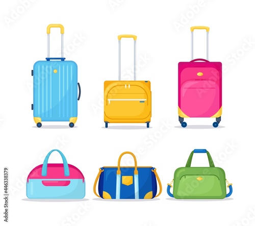 Suitcases, luggages for travel isolated on white background. Set of baggage. Vector illustration