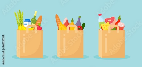 Reusable paper eco bags full of grocery products, healthy food. No plastic bag, use your own eco friendly package. Recycled Recyclable Biodegradable Sustainable Packaging. Vector illustration