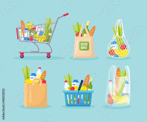 Set of shopping bags, basket, cart, trolley. Grocery purchases, paper, cloth, plastic packages, string mesh eco bag with products. Natural food, organic fruits and vegetable. Department store goods.