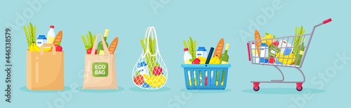 Set of shopping bags, basket, cart, trolley. Grocery purchases, paper and cloth packages, string mesh eco bag with products. Natural food, organic fruits and vegetable. Department store goods. Vector 