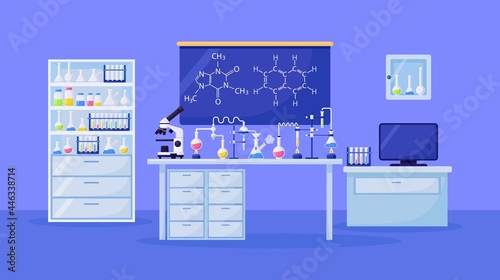 Chemical lab for research, analysis. Scientific equipment, microscope, flasks with toxic liquid in chemistry classroom. Pharmaceutical experiments in microbiology science. Medical laboratory. Vector