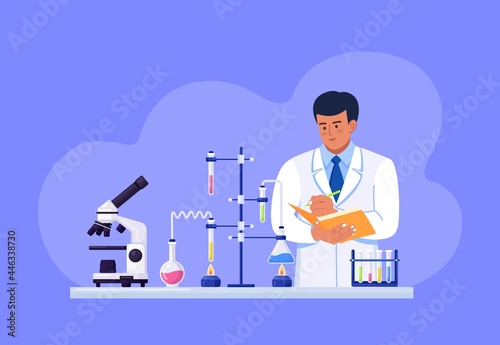 Scientist holds a folder in his hands and writes down the test data. Man is experimenting with equipment for vaccine discovery. Microbiologist working on antiviral treatment. Vector illustration