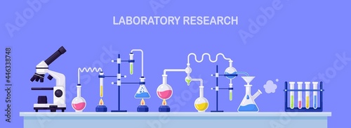 Chemistry lab equipment. Flasks, beakers, burner, microscope isolated on background. Science instruments for chemical or biological researching. Vector illustration