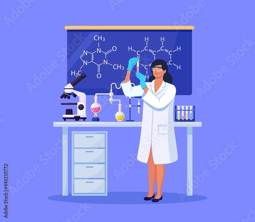 Young beautiful woman chemist with flasks with liquid in hand. Scientist girl is experimenting with equipment for vaccine discovery. Girl working on antiviral treatment development Vector illustration