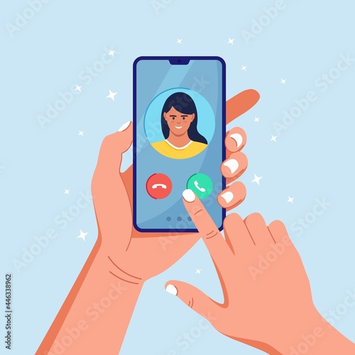 Woman receiving incoming call on telephone screen. Online conference by mobile phone. Vector illustration