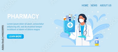 Pharmacy concept. Pharmacist standing and holding medicine bag with pharmacy drug, pills bottle and box for disease treatment. Doctor in drugstore. Vector illustration