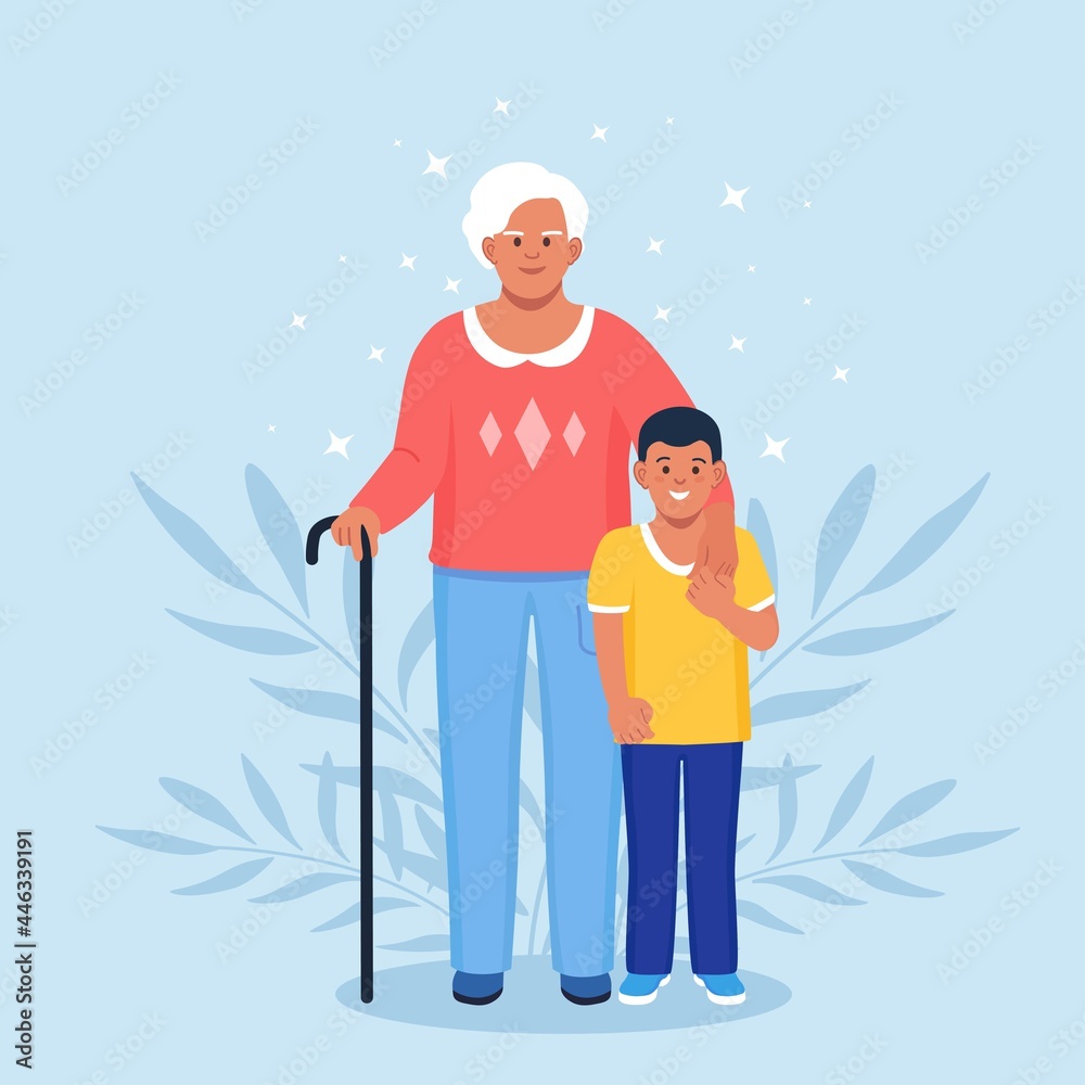 Grandmother with grandchildren. Grandma hugging grandson. Portrait of cute old woman with a kid boy. Generations and family relationship. Vector illustration