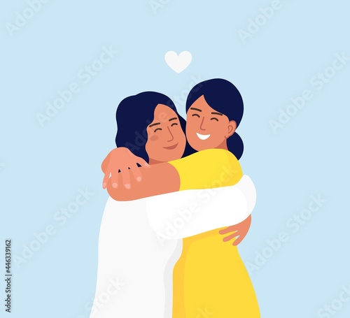 A girls hugging each other with a smiling face. Happy meeting of two friends. Friendship, care and love concept. Vector illustration