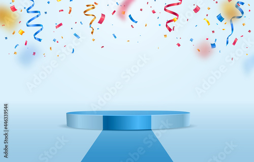 Blue stage podium with falling down colorful confetti on light background. Winner congratulations pedestal template vector illustration.