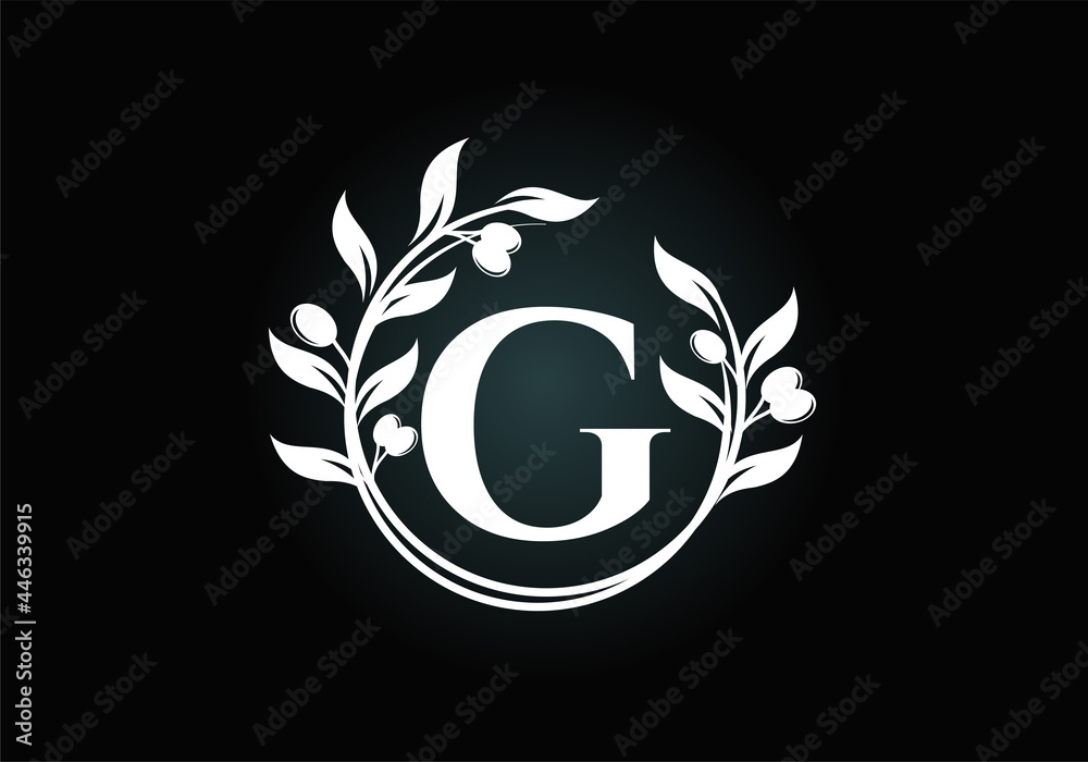 Obraz premium Initial letter G sign symbol with olive branch wreath. Round floral frame made by the olive branch. Agriculture industry logo design vector template. Olive oil label