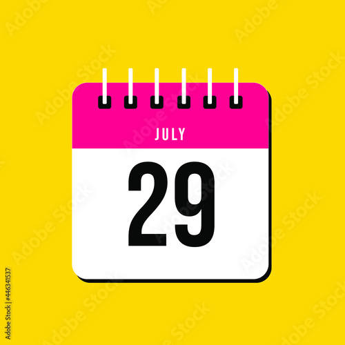 July day 29. Number twenty-nine on a white paper with pink color border on a yellow background vector.Calendar illustration
