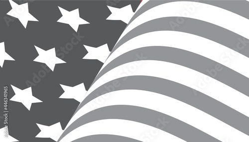Crop of black and white waving American flag. United States of America symbol. Vector illustration.