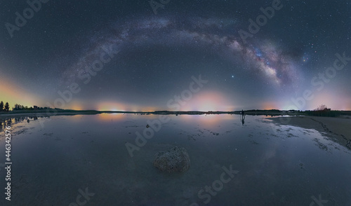 Milky way arc reflected in the lake on the night landscape photo