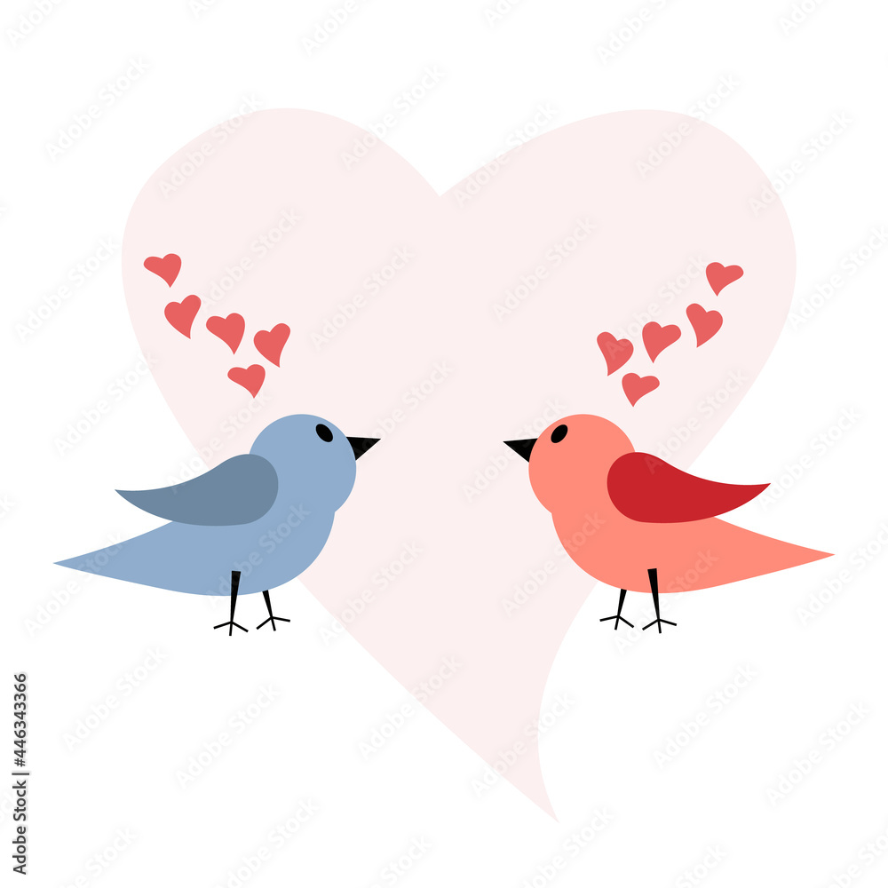 Obraz premium Illustration of a postcard for the holiday of lovers. Two birds and hearts