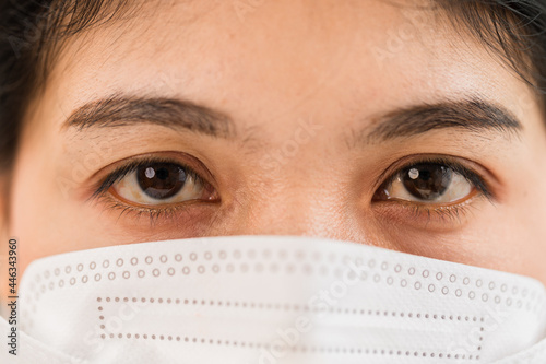 Close-up view of eyes young woman wearing a protective face mask for protection against Coronavirus or Covid-19  looking at camera.