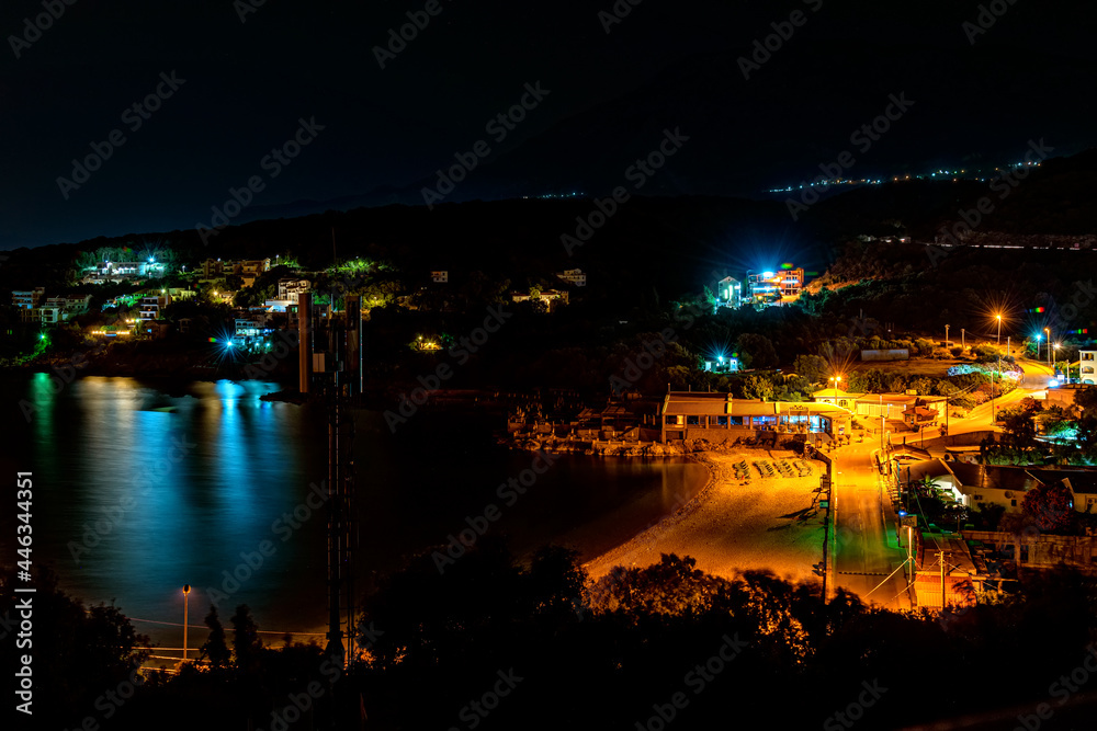 Utjeha Beach on the Adriatic coast in Montenegro by night.