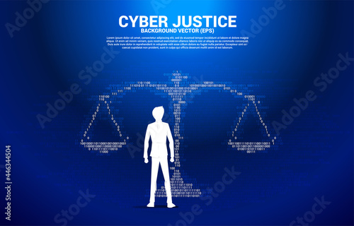 Silhouette of Businessman standing with Justice scale from one and zero binary code digit matrix style. Background Concept of cyber social judgment