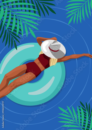 Kobieta opalająca się nad morzem. Widok z góry szczupłej blond dziewczyny w czerwonym bikini i kapeluszu na dmuchanym kole w dużym basenie. Sportowa sylwetka. Letnia wakacyjna ilustracja wektorowa.