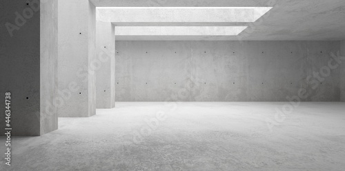Abstract empty, modern concrete room with open ceiling, pillars on the side wall and rough floor - industrial interior background template
