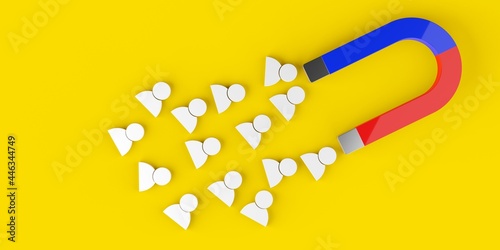 Magnet attracting white figures on yellow background, business marketing, client, customer or sales lead attraction concept
