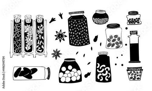 Set of vector images of jars with spices. Black and white on a white background. Hand drawing